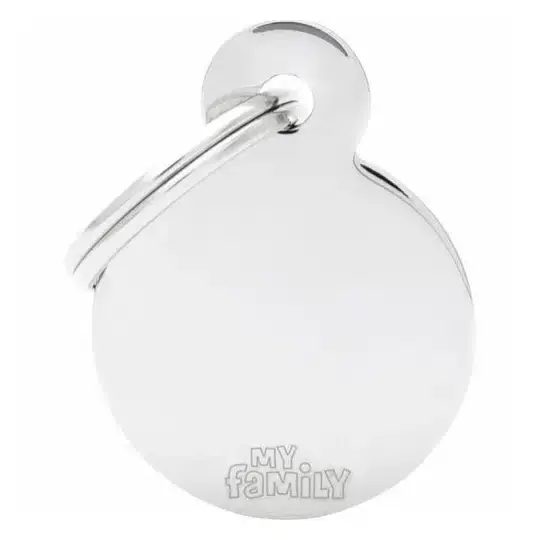 Id-bricka cirkel blank silver med gravyr - I lager