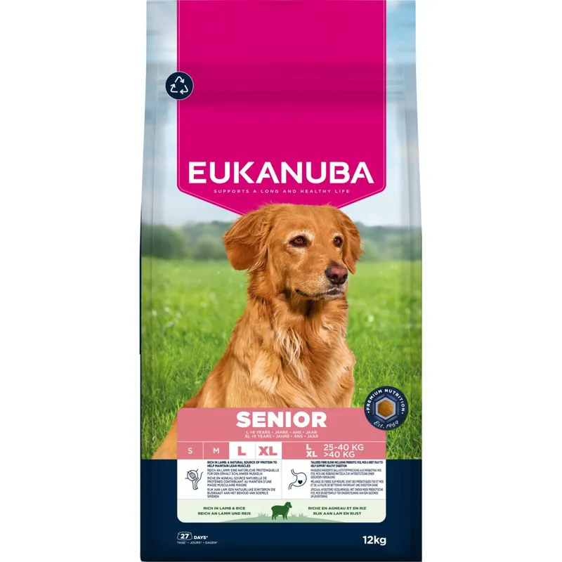 12 kg Eukanuba Premium Nutrition + 3 x 400 g passande våtfoder på köpet! - Senior Large & Giant Breed Lamb & Rice + Senior Rich in nötkött & pumpa | Premium