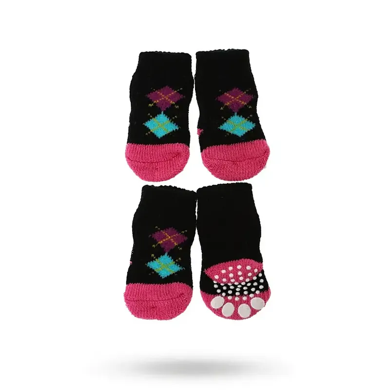 Black/Pink Argyle – Hundstrumpor med antiglid | Expressfrakt