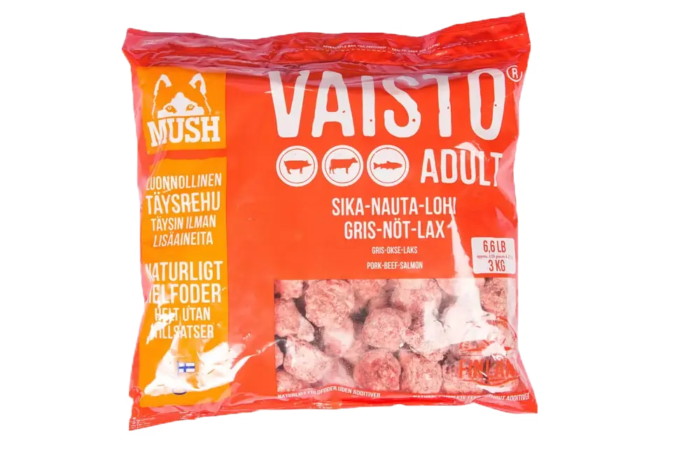 Spara nu | MUSH Vaisto® Röd Fryst helfoder (gris-nöt-lax) SKICKAS EJ!